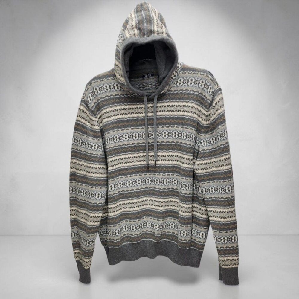 Izod Fair Isle Style Hooded Sweater Mens XXL Gray Tan Stripe Long Sleeves Casual